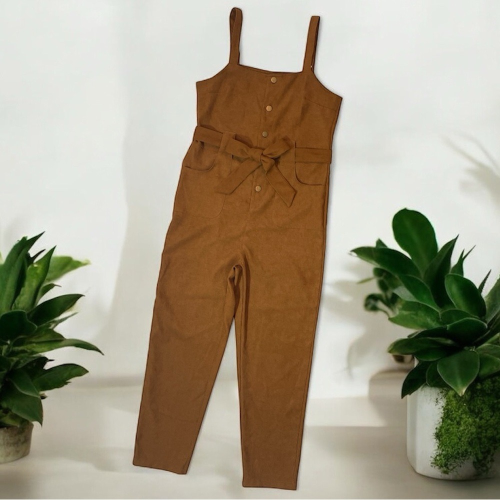 Cognac Brown Corduroy Button Front Tie Waist‎ Jumpsuit Adjustable Straps Womens